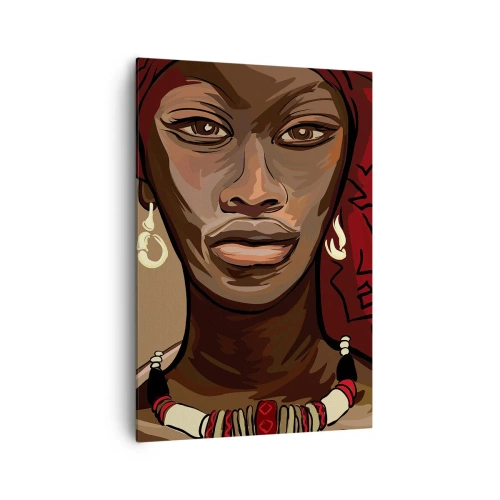 Obraz na płótnie - Portret kobiety z czerwonym turbanem na beżowym tle - 70x100cm - Hebanowa Wenus - Nowoczesna dekoracja ścienna do salonu i sypialni ARTTOR