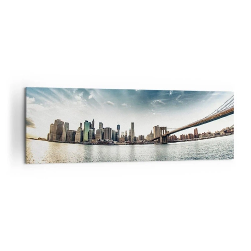 Obraz na płótnie - Panorama miasta z mostem na tle błękitnego nieba - 160x50cm - Szklana wyspa - Nowoczesna dekoracja ścienna do salonu i sypialni ARTTOR