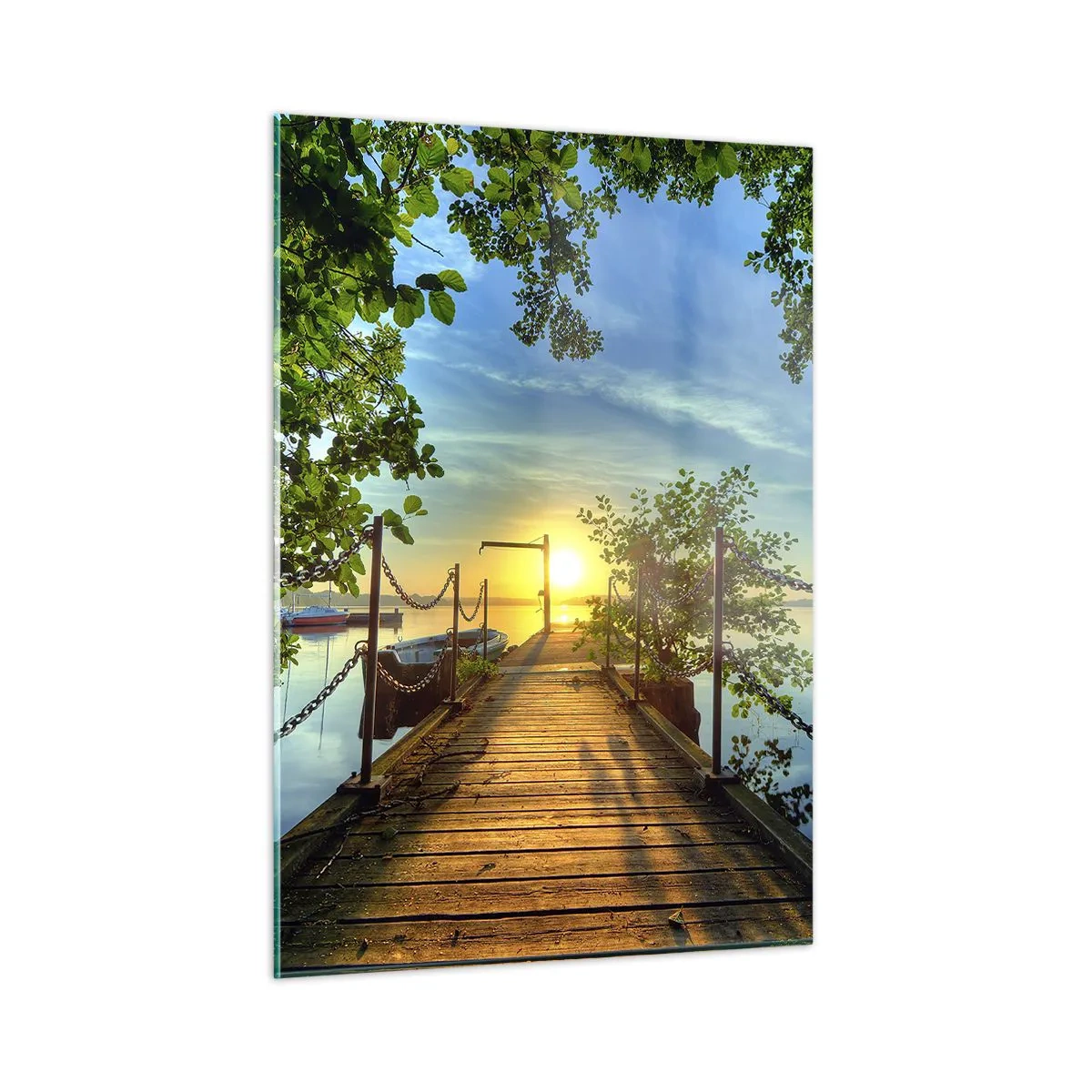 Obraz na szkle - Pomost z widokiem na zachód słońca nad jeziorem - 50x70cm - Zachód nad wodą - Nowoczesna dekoracja ścienna do salonu, kuchni i sypialni ARTTOR