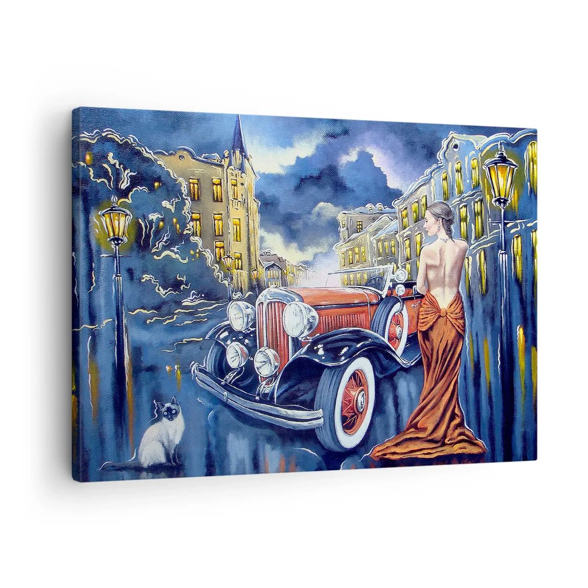 Obraz na płótnie - Kobieta w eleganckiej sukni przy retro samochodzie nocą - 70x50cm - Nokturn w błękicie i koralu - Nowoczesna dekoracja ścienna do salonu i sypialni ARTTOR