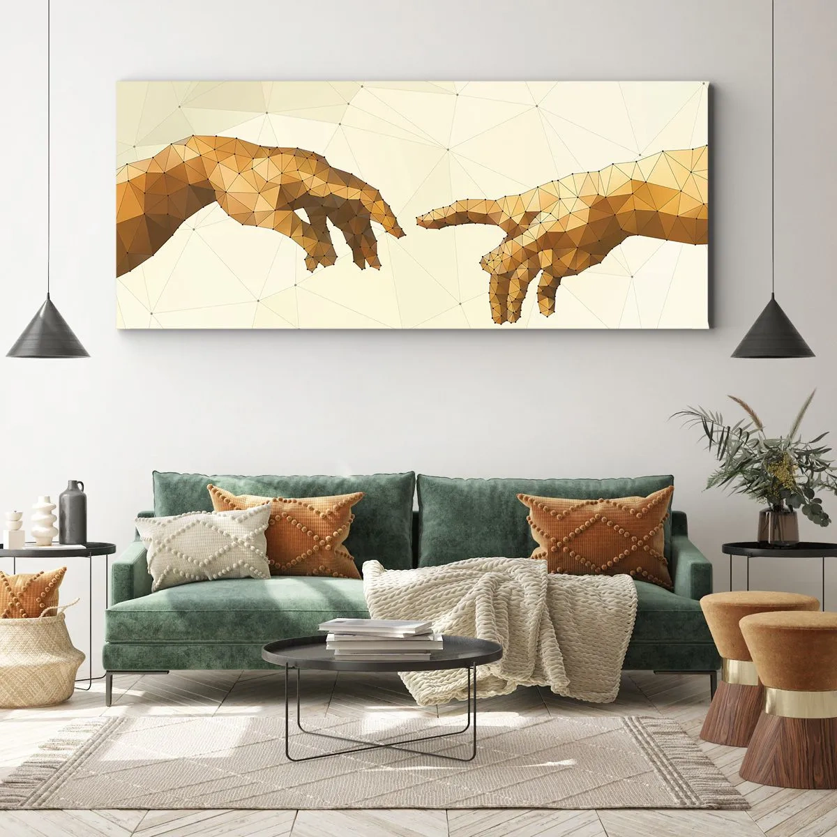 Obraz na płótnie - Geometryczne dłonie wyciągające się ku sobie na jasnym tle - 140x50cm - Boska geometria - Nowoczesna dekoracja ścienna do salonu i sypialni ARTTOR