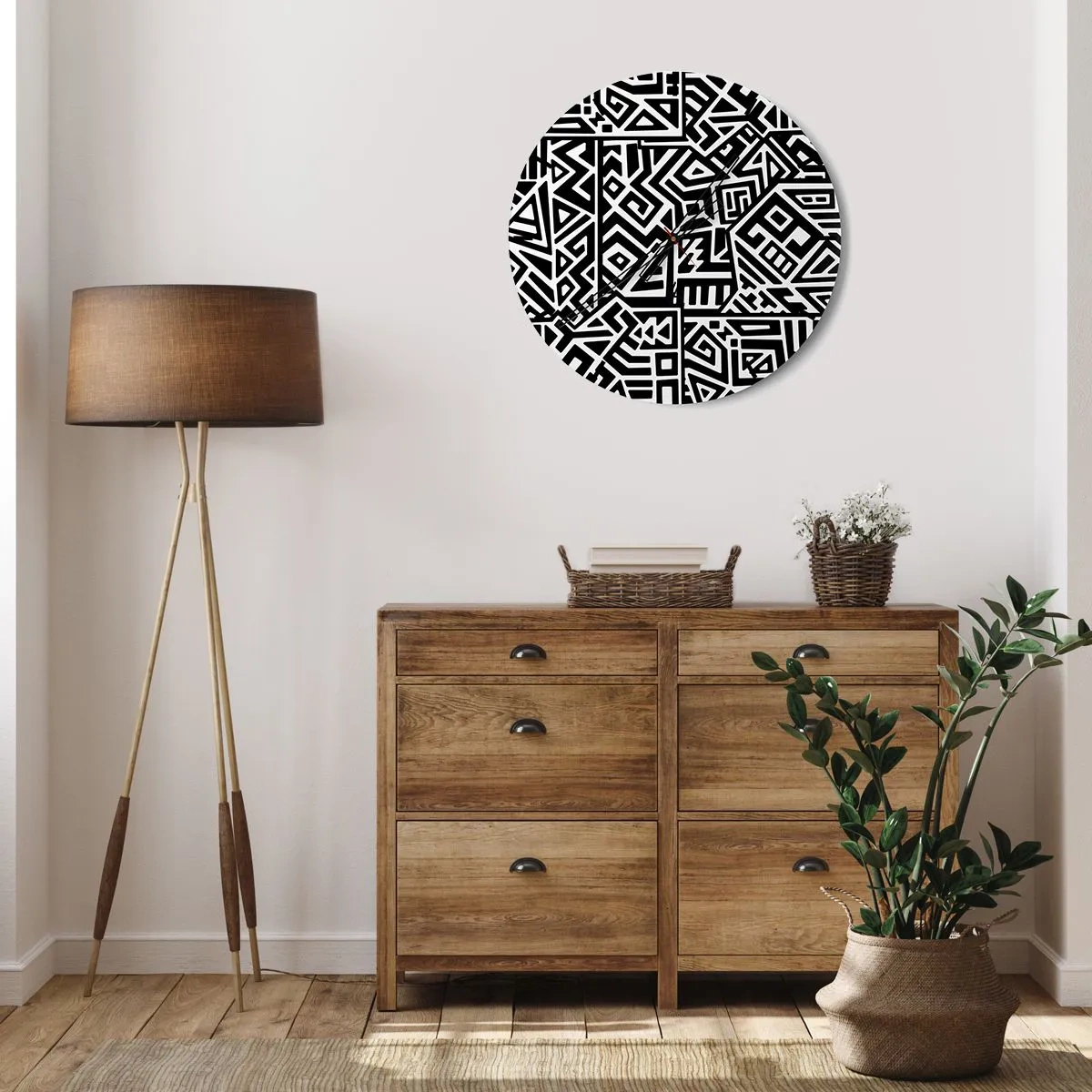 Zegar ścienny - Czarno-biała kompozycja geometrycznych wzorów - 30x30cm - Kompozycja prekolumbijska - Nowoczesna dekoracja ścienna do salonu, kuchni i sypialni ARTTOR