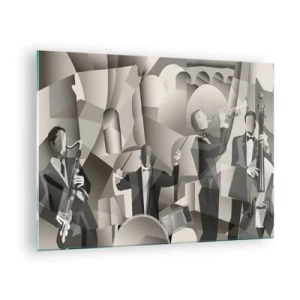 Obraz na szkle - W przestrzeni dźwięków - Stylizowana scena zespołu jazzowego w monochromatycznej tonacji - 70x50cm
