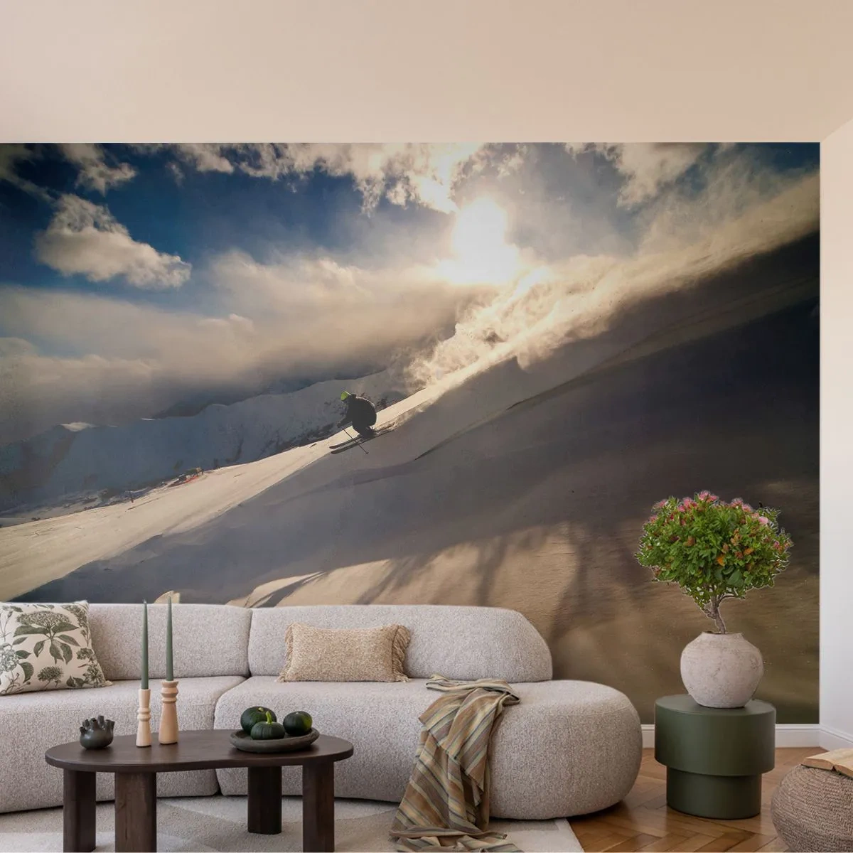Fototapeta Premium Sand - Narciarz w locie na ośnieżonym stoku w górach - 100x70cm - Podjęte wyzwanie gór - Nowoczesna dekoracja ścienna do salonu, kuchni i sypialni ARTTOR