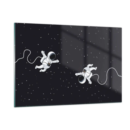 Obraz na szkle - Dwóch astronautów unoszących się w przestrzeni kosmicznej - 120x80cm - Kosmiczny pląs - Nowoczesna dekoracja ścienna do salonu, kuchni i sypialni ARTTOR