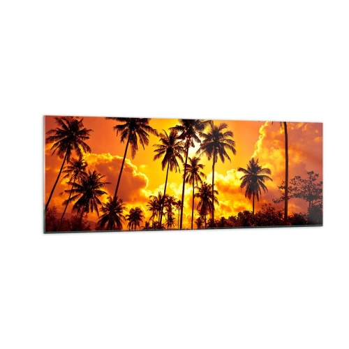 Obraz na szkle - Palmy na tle złotego nieba podczas tropikalnego zachodu słońca - 140x50cm - Płoną góry, płoną lasy - Nowoczesna dekoracja ścienna do salonu i sypialni ARTTOR
