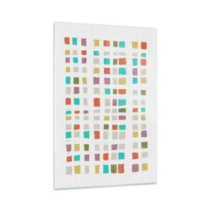 Obraz na szkle - Kolorowe kwadraty w minimalistycznym układzie na białym tle - 70x100cm - Nieznana gra - Nowoczesna dekoracja ścienna do salonu i sypialni ARTTOR