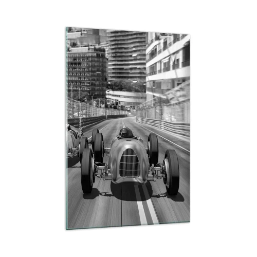 Obraz na szkle - Monochromatyczna scena wyścigu retro samochodów - 80x120cm - Dawno temu w Monte Carlo - Nowoczesna dekoracja ścienna do salonu i sypialni ARTTOR