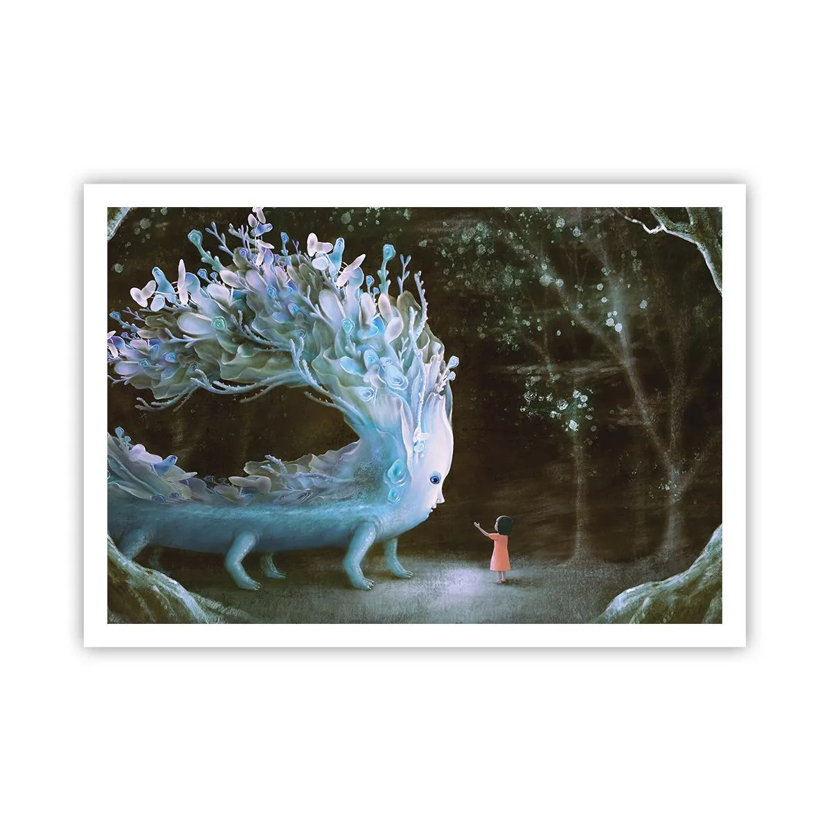 Plakat - Postać dziewczynki naprzeciw fantastycznego stworzenia - 100x70cm - Fantastyczne spotkanie - Nowoczesna dekoracja ścienna do salonu i sypialni ARTTOR