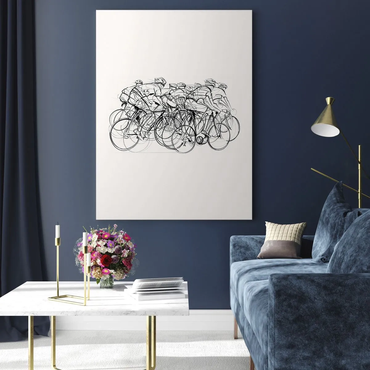 Obraz na szkle - Szkic grupy rowerzystów podczas wyścigu na białym tle - 50x70cm - Wespół w zespół - Nowoczesna dekoracja ścienna do salonu, kuchni i sypialni ARTTOR