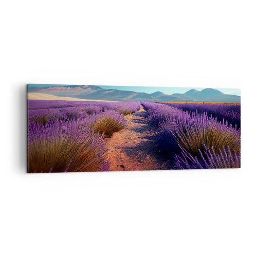 Obraz na płótnie - Lawendowe pole z widokiem na góry i błękitne niebo - 140x50cm - Pachnące pola - Nowoczesna dekoracja ścienna do salonu i sypialni ARTTOR