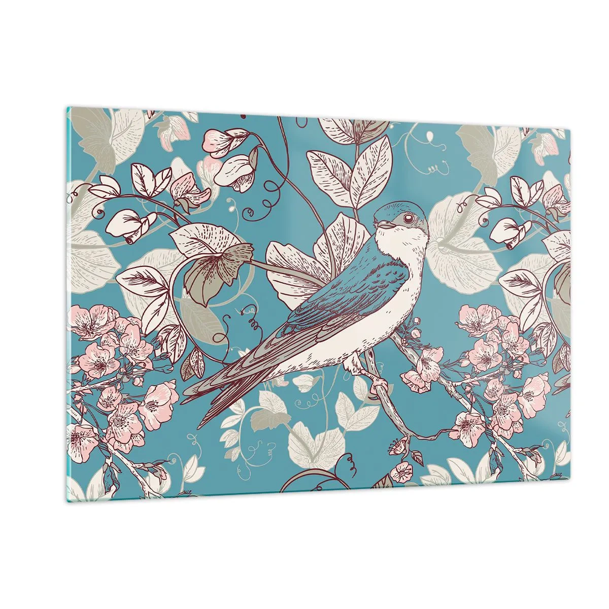 Obraz na szkle - Ptak na gałęzi wśród kwiatów na turkusowym tle - 120x80cm - W białodrzewiu ćwirnie i srebliście - Nowoczesna dekoracja ścienna do salonu, kuchni i sypialni ARTTOR