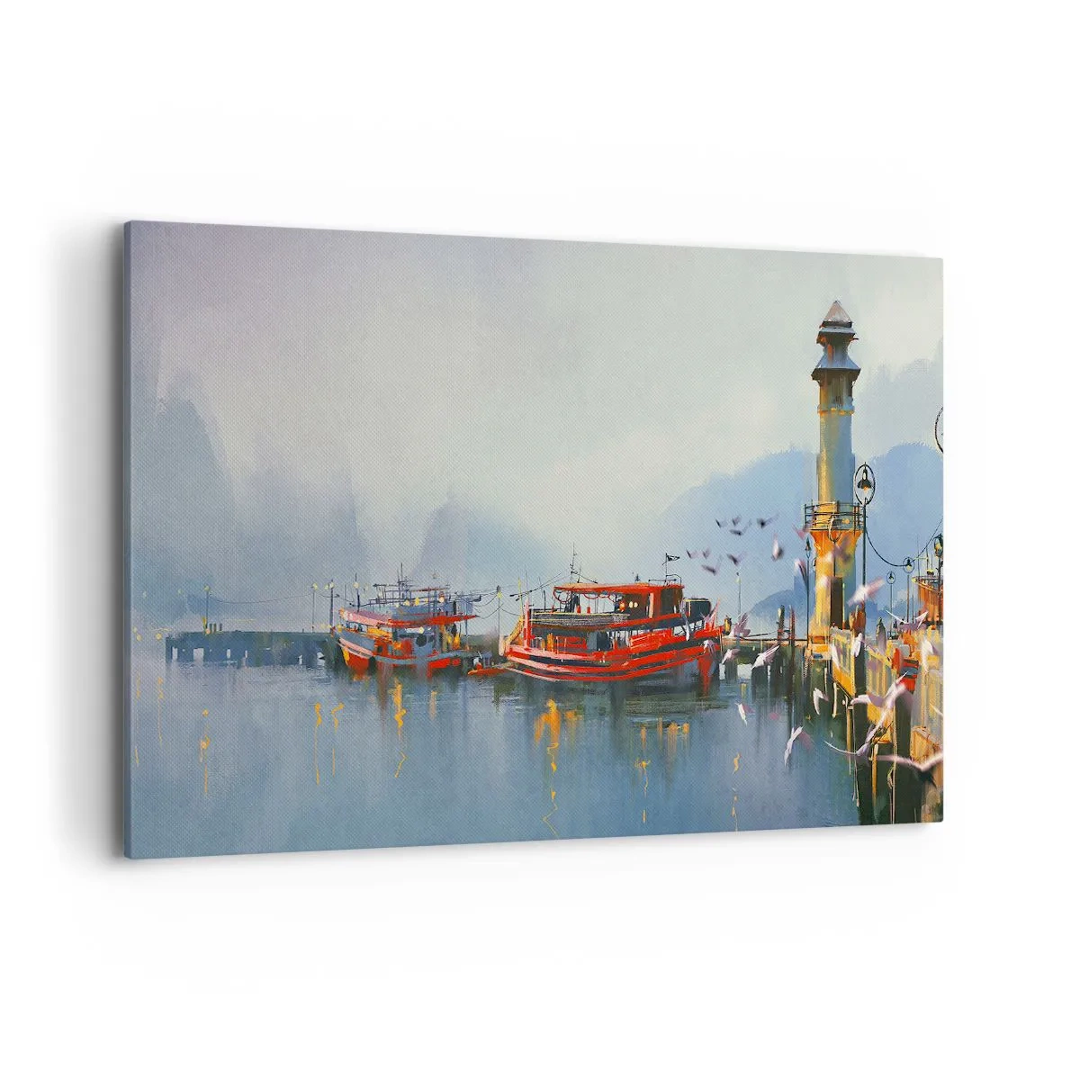 Obraz na płótnie - Port z czerwonymi łodziami otoczony mglistym pejzażem - 100x70cm - Na końcu świata - Nowoczesna dekoracja ścienna do salonu, kuchni i sypialni ARTTOR