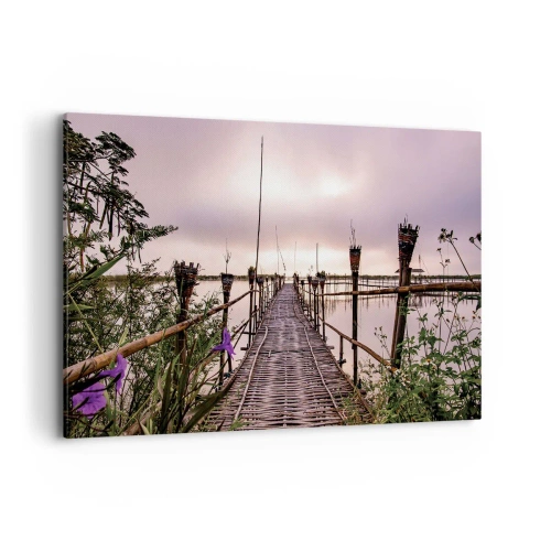 Obraz na płótnie - Bambusowy most na wodzie o świcie - 120x80cm - Spokój i cisza Azji - Nowoczesna dekoracja ścienna do salonu, kuchni i sypialni ARTTOR