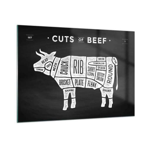 Obraz na szkle - Schemat cięć mięsa wołowego na czarnej tablicy - 100x70cm - Elementarz masarza - Nowoczesna dekoracja ścienna do salonu, kuchni i sypialni ARTTOR