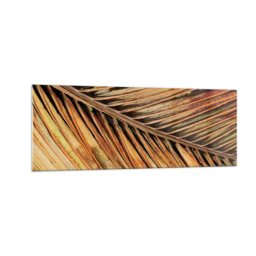 Obraz na szkle - Zbliżenie na suchy liść palmy w ciepłych odcieniach - 140x50cm - Kokosowe złoto - Nowoczesna dekoracja ścienna do salonu i sypialni ARTTOR