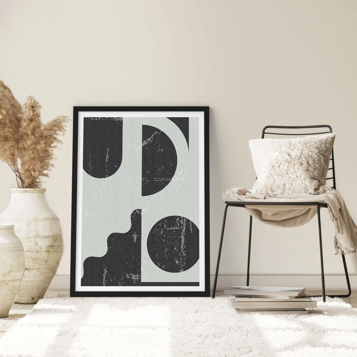 Plakat w czarnej ramie - Abstrakcyjna kompozycja geometryczna w czerni i szarości - 50x70cm - Kompozycja ponad i pod - Nowoczesna dekoracja ścienna do salonu i sypialni ARTTOR
