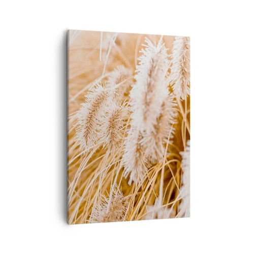 Obraz na płótnie - Zbliżenie na złote kłosy traw w ciepłym świetle - 50x70cm - Złoty szelest traw - Nowoczesna dekoracja ścienna do salonu, kuchni i sypialni ARTTOR