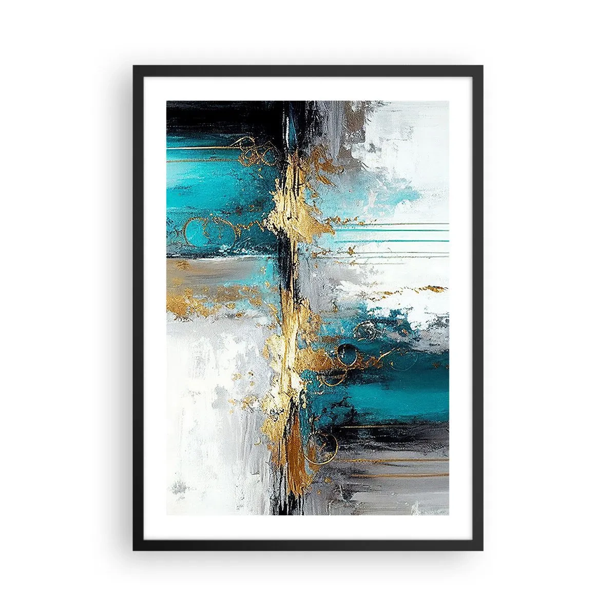 Plakat w czarnej ramie - Abstrakcyjna kompozycja w odcieniach turkusu i złota - 50x70cm - Wszystko płynie - Nowoczesna dekoracja ścienna do salonu i sypialni ARTTOR