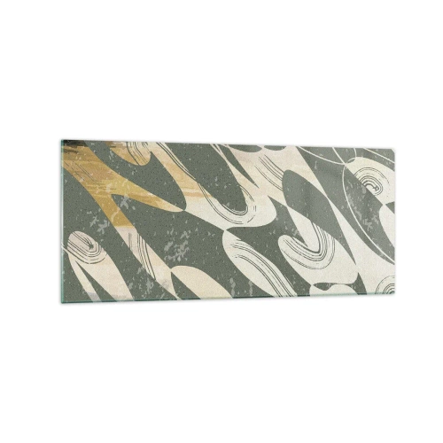 Obraz na szkle - Dynamiczne kształty w zielonych i złotych odcieniach - 120x50cm - Abstrakcja zrytmizowana - Nowoczesna dekoracja ścienna do salonu i sypialni ARTTOR