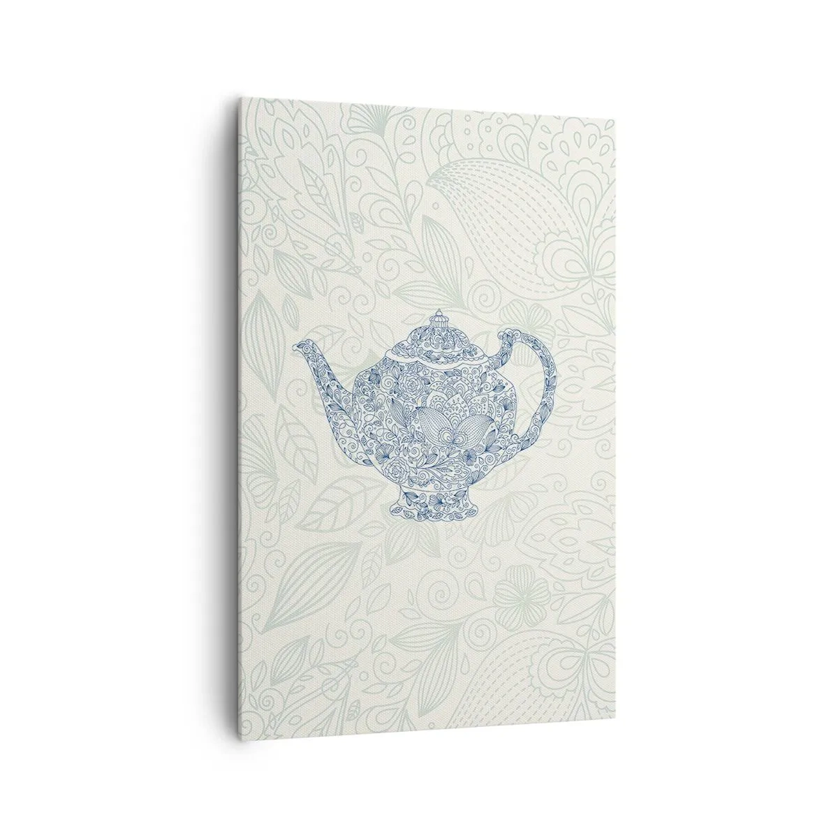 Obraz na płótnie - Dekoracyjny rysunek imbryka z ornamentami w niebieskim kolorze - 80x120cm - Herbaty czar - Nowoczesna dekoracja ścienna do salonu i sypialni ARTTOR