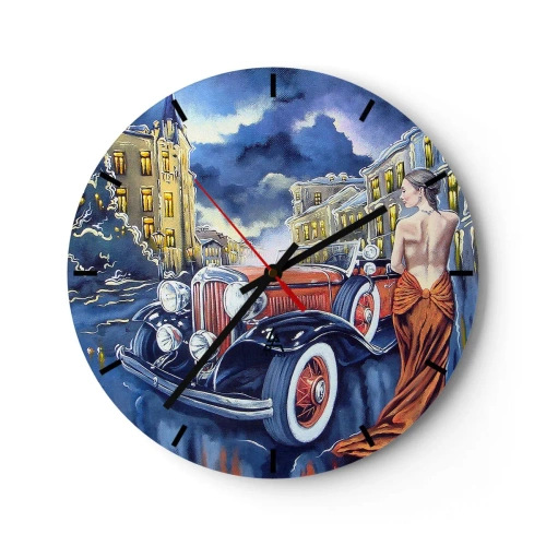 Zegar ścienny - Kobieta w pomarańczowej sukni obok retro samochodu na tle miasta - 30x30cm - Nokturn w błękicie i koralu - Nowoczesna dekoracja ścienna do salonu, kuchni i sypialni ARTTOR