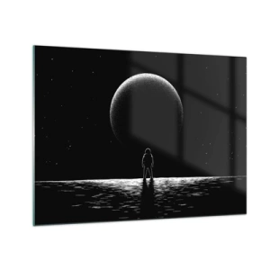 Obraz na szkle - Astronauta stojący naprzeciw planety w czerni i bieli - 70x50cm - Twarzą w twarz - Nowoczesna dekoracja ścienna do salonu i sypialni ARTTOR