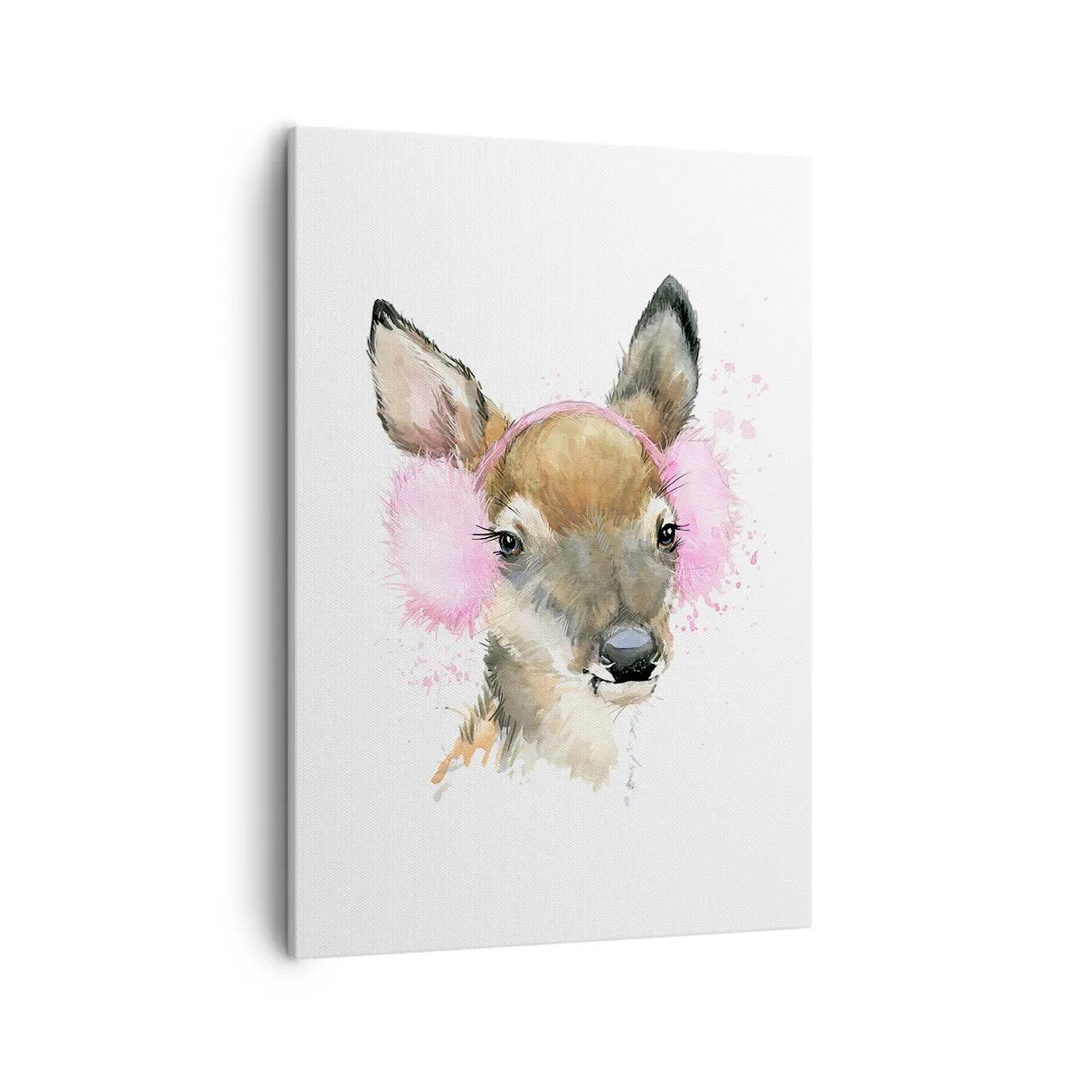 Obraz na płótnie - Akwarelowa ilustracja jelonka w różowych nausznikach - 50x70cm - I mróz już niestraszny - Nowoczesna dekoracja ścienna do salonu, kuchni i sypialni ARTTOR