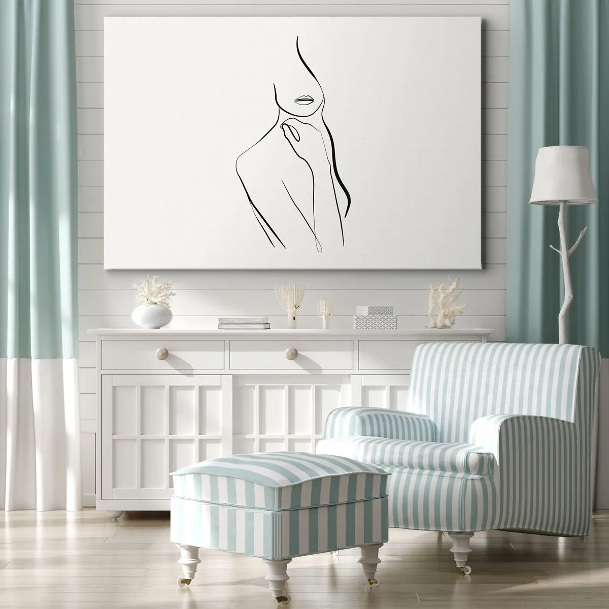 Obraz na płótnie - Minimalistyczny szkic sylwetki kobiety na jasnym tle - 70x50cm - Fala melancholii - Nowoczesna dekoracja ścienna do salonu i sypialni ARTTOR