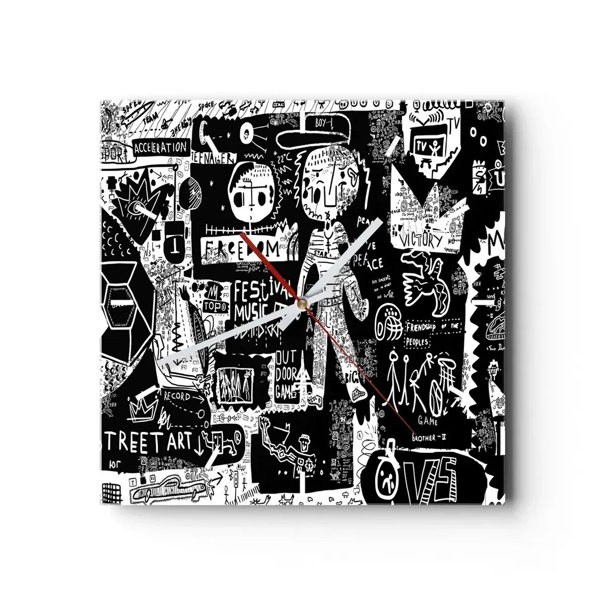 Zegar ścienny - Czarno-biały kolaż inspirowany sztuką uliczną - 30x30cm - Duchowej młodości prawa i radości - Nowoczesna dekoracja ścienna do salonu i sypialni ARTTOR