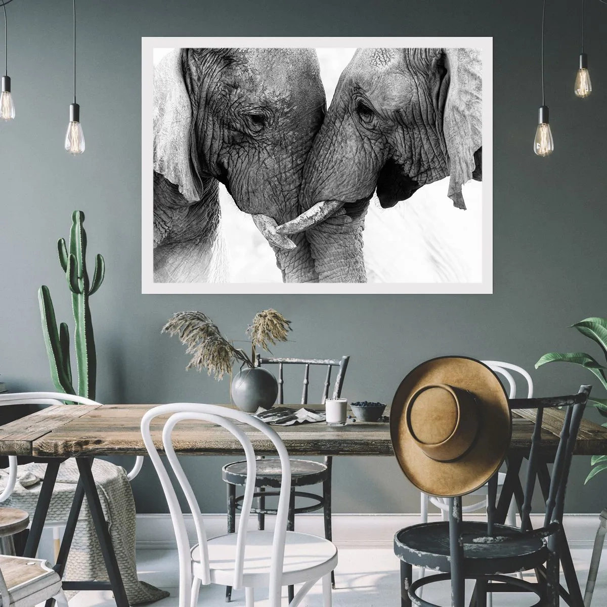 Plakat - Dwa słonie w czułym geście na monochromatycznym tle - 100x70cm - Serdeczne wyznanie - Nowoczesna dekoracja ścienna do salonu i sypialni ARTTOR