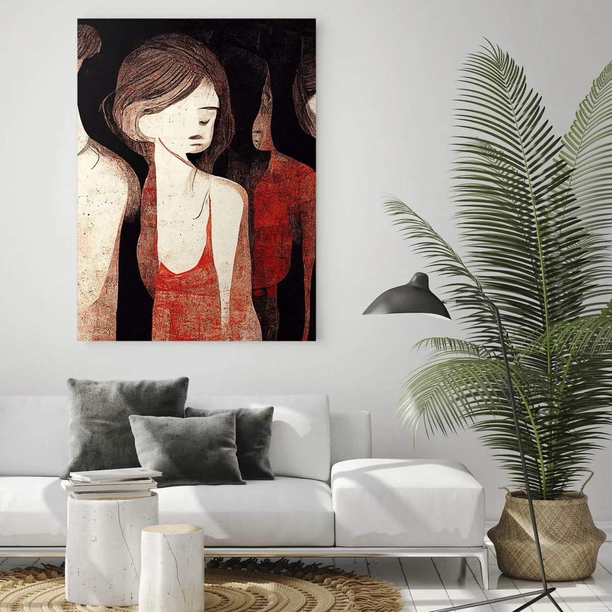 Obraz na szkle - Abstrakcyjne kobiece sylwetki w czerwieni na czarnym tle - 50x70cm - Madonny z ciemności - Nowoczesna dekoracja ścienna do salonu, kuchni i sypialni ARTTOR