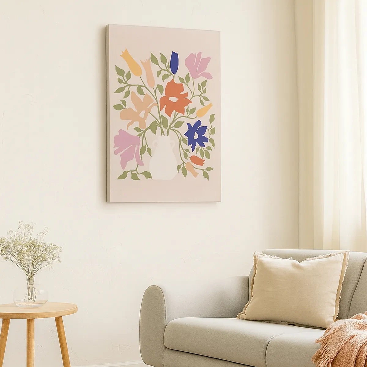 Obraz na płótnie - Barwna ilustracja bukietu kwiatów w białym wazonie na beżowym tle - 50x70cm - Bukiet delikatny - Nowoczesna dekoracja ścienna do salonu, kuchni i sypialni ARTTOR