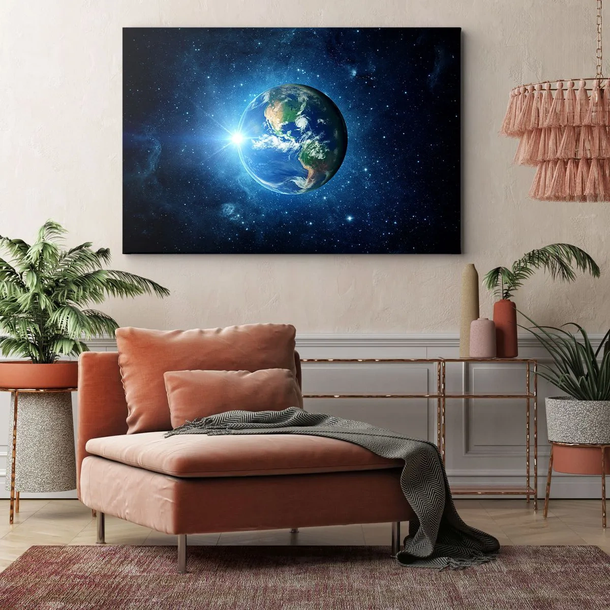 Obraz na płótnie - Ziemia w kosmosie otoczona gwiazdami i światłem - 70x50cm - Jesteśmy w niebie - Nowoczesna dekoracja ścienna do salonu i sypialni ARTTOR