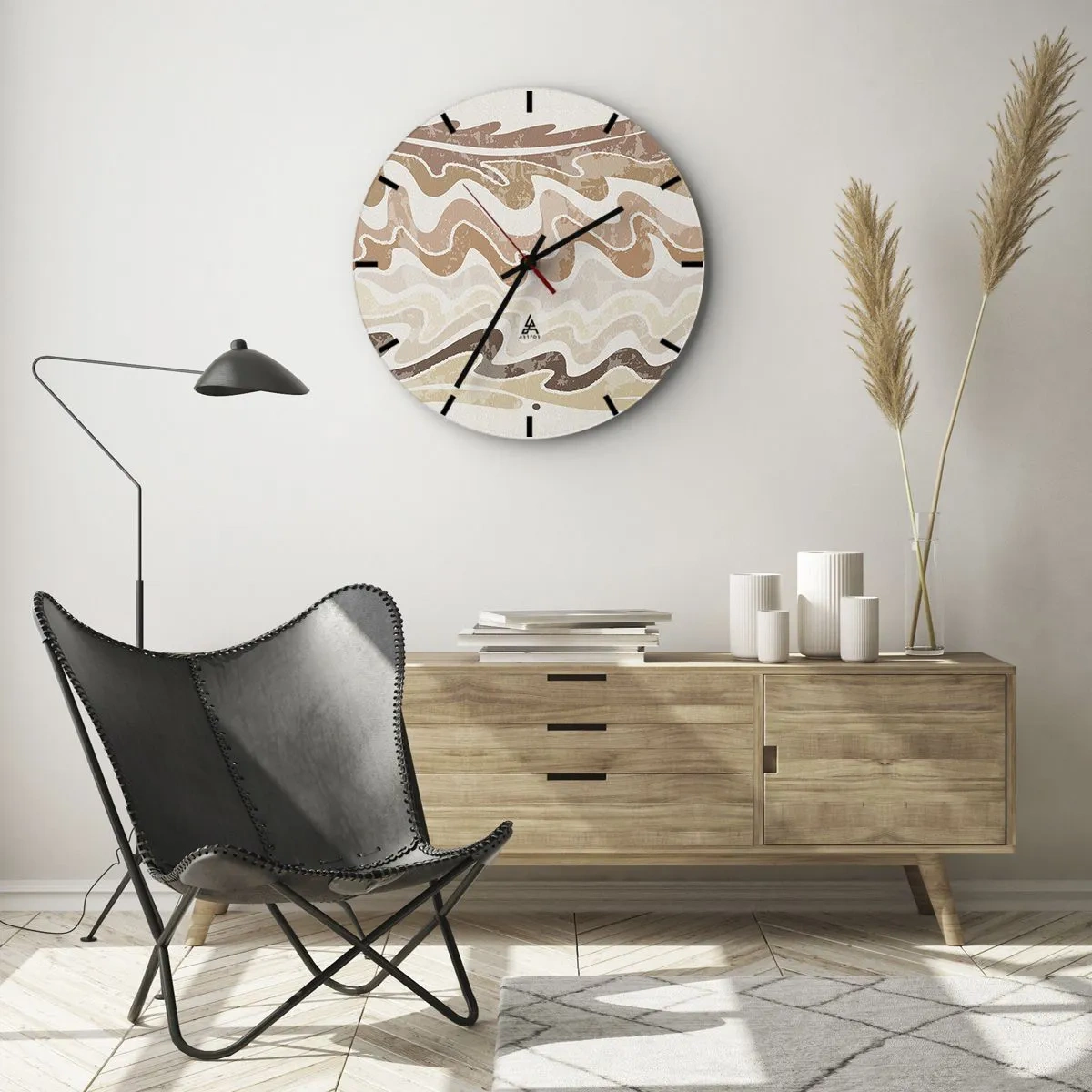 Zegar ścienny - Faliste linie w ciepłych, piaskowych odcieniach - 30x30cm - Dobra energia – dobre emocje - Nowoczesna dekoracja ścienna do salonu, kuchni i sypialni ARTTOR
