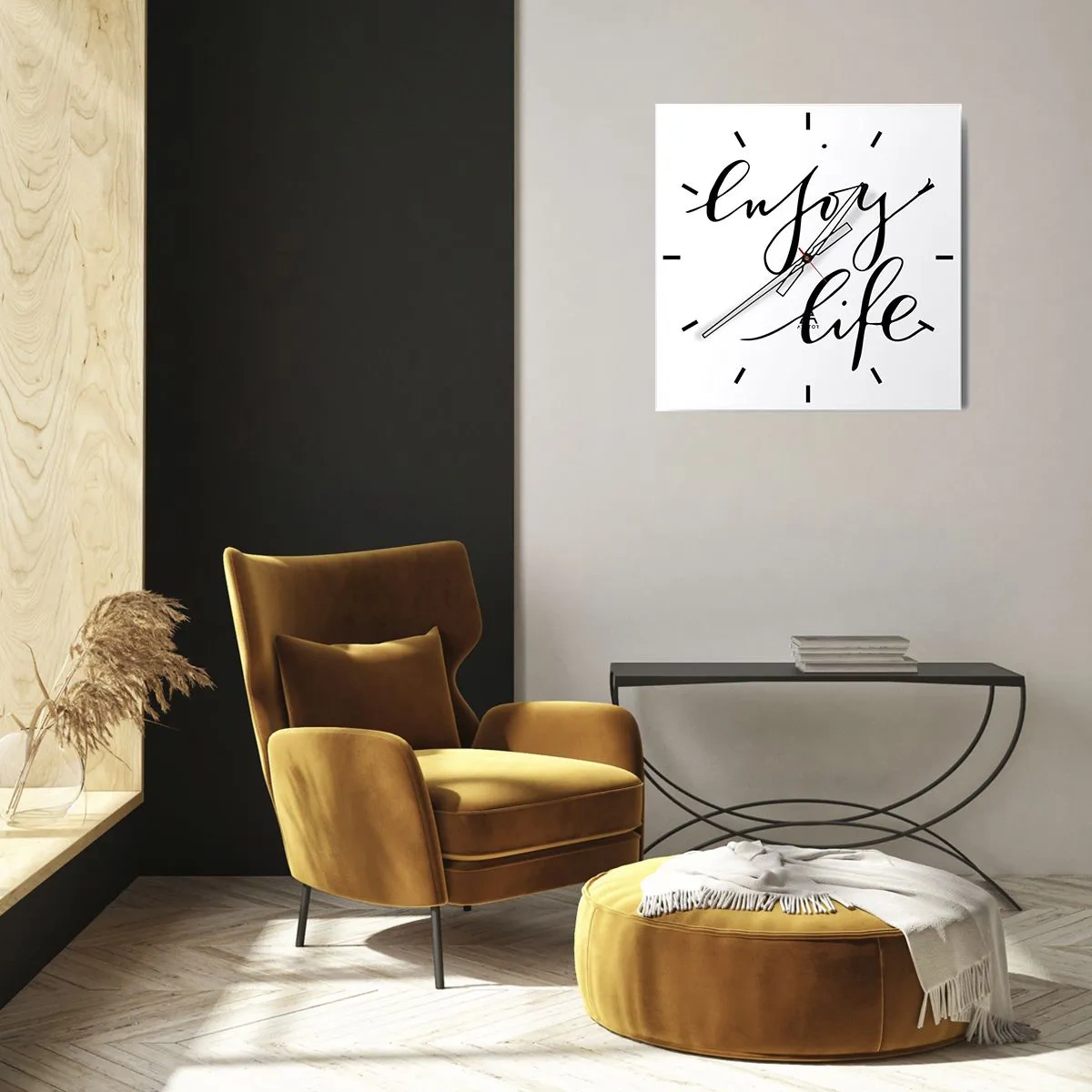 Zegar ścienny - Cytat 'enjoy life' w czarnej kaligrafii na białym tle - 30x30cm - Nic dodać… - Nowoczesna dekoracja ścienna do salonu i sypialni ARTTOR