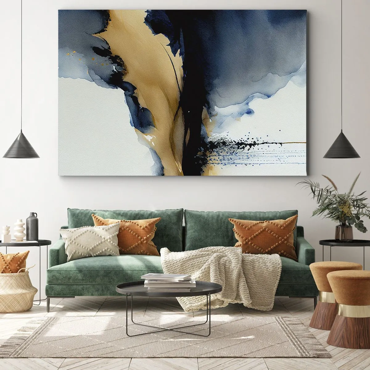 Obraz na płótnie - Abstrakcyjna kompozycja w odcieniach granatu i złota - 70x50cm - Za zasłoną - Nowoczesna dekoracja ścienna do salonu i sypialni ARTTOR