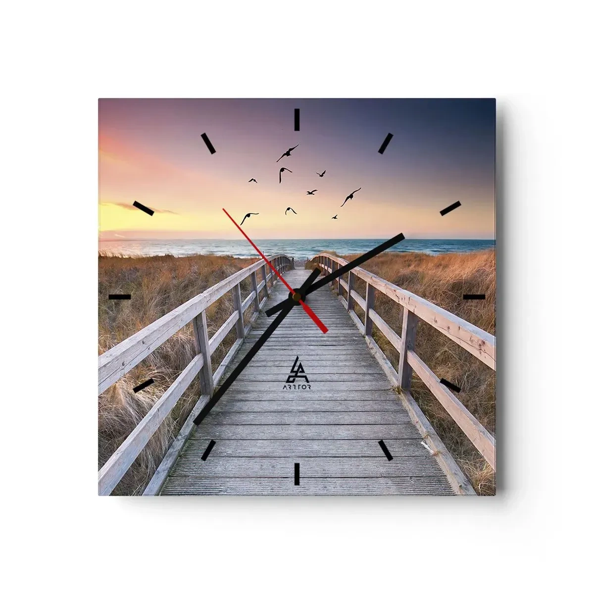 Zegar ścienny - Drewniany pomost prowadzący na plażę o zachodzie słońca - 30x30cm - Przestrzeń wzlotów - Nowoczesna dekoracja ścienna do salonu i sypialni ARTTOR