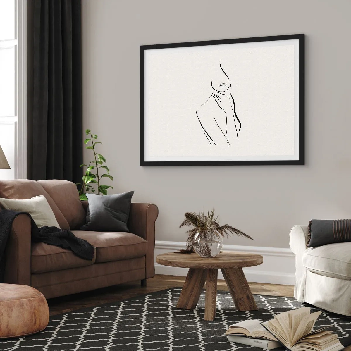 Plakat w czarnej ramie - Minimalistyczny szkic sylwetki kobiety na jasnym tle - 70x50cm - Fala melancholii - Nowoczesna dekoracja ścienna do salonu i sypialni ARTTOR