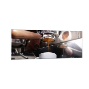 Obraz na szkle - Zbliżenie na ekspres do kawy przygotowujący świeże espresso - 140x50cm - Dobra chwila dnia - Nowoczesna dekoracja ścienna do salonu i sypialni ARTTOR