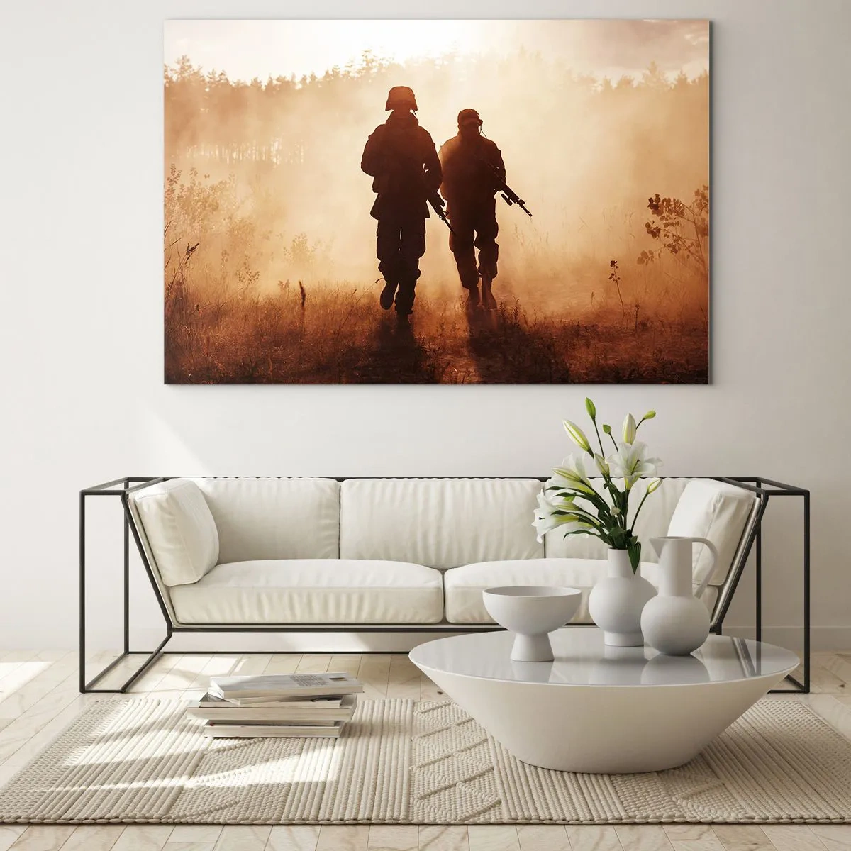 Obraz na szkle - Dwóch żołnierzy w akcji na tle zachodzącego słońca - 100x70cm - Call of Duty - Nowoczesna dekoracja ścienna do salonu, kuchni i sypialni ARTTOR