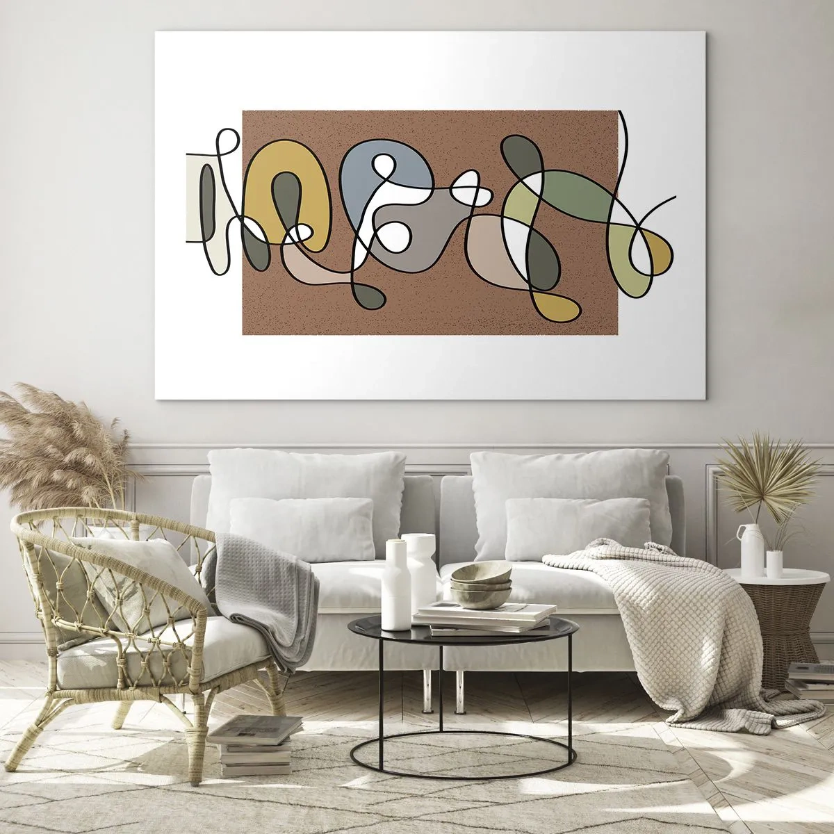 Obraz na szkle - Kolorowa abstrakcja z czarną linią na brązowym tle - 70x50cm - Abstrakcja warta uśmiechu - Nowoczesna dekoracja ścienna do salonu i sypialni ARTTOR