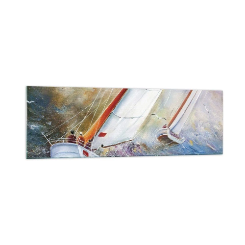 Obraz na szkle - Żaglówki na wzburzonych falach w dynamicznej kompozycji - 160x50cm - Biegnące po falach - Nowoczesna dekoracja ścienna do salonu i sypialni ARTTOR
