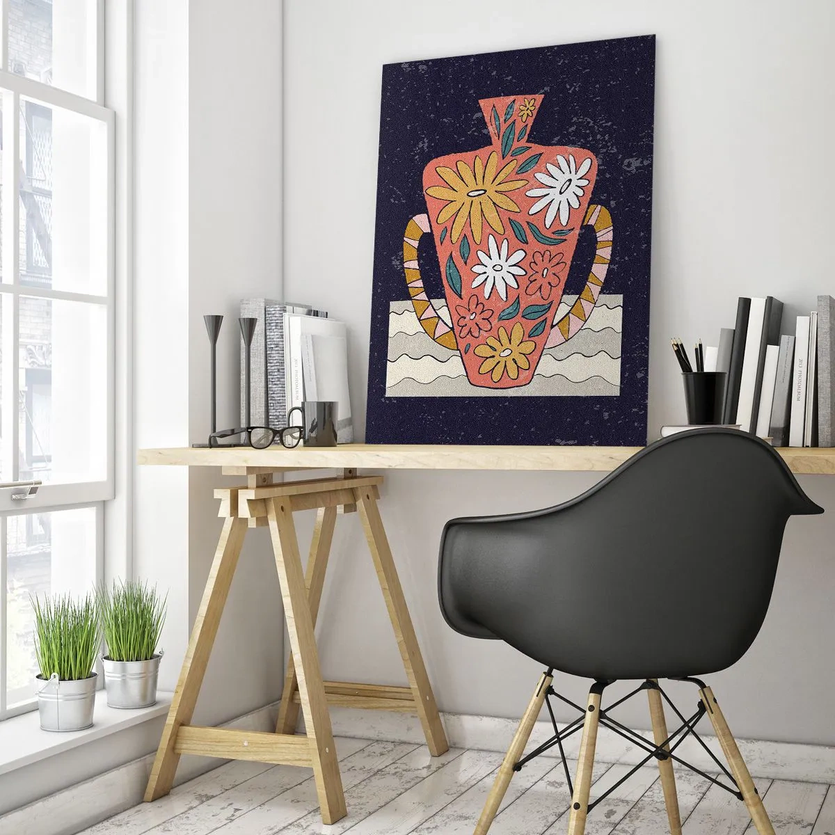 Obraz na szkle - Ozdobny dzban w stylu retro z florystycznym wzorem na ciemnym tle - 80x120cm - Malowany dzban - Nowoczesna dekoracja ścienna do salonu i sypialni ARTTOR