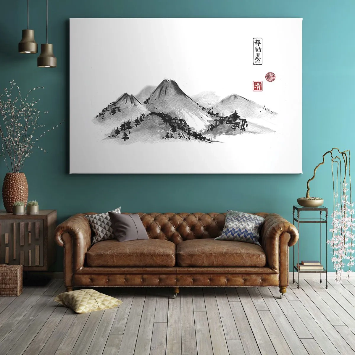 Obraz na płótnie - Tradycyjny krajobraz górski w stylu japońskiego malarstwa tuszem - 70x50cm - Za dalą dal - Nowoczesna dekoracja ścienna do salonu i sypialni ARTTOR