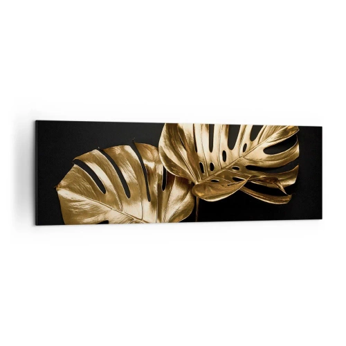 Obraz na płótnie - Złote liście monstery na czarnym tle - 160x50cm - Skarby natury - Nowoczesna dekoracja ścienna do salonu i sypialni ARTTOR