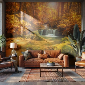 Fototapeta Standard Eco - Złocisty wodospad otoczony jesiennym lasem w promieniach słońca - 100x70cm - Leśna kaskada w złocie - Nowoczesna dekoracja ścienna do salonu i sypialni ARTTOR
