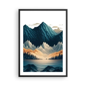 Plakat w czarnej ramie - Stylizowany pejzaż górski z jeziorem w odcieniach niebieskiego - 50x70cm - Pejzaż górski doskonały - Nowoczesna dekoracja ścienna do salonu i sypialni ARTTOR