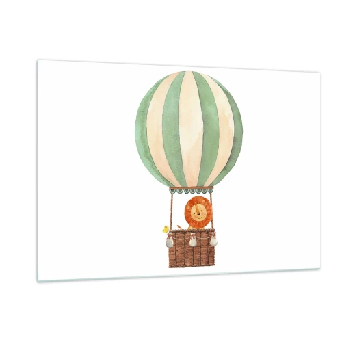 Obraz na szkle - Lew w koszu balonu unoszącym się na białym tle - 120x80cm - Podróże Leona - Nowoczesna dekoracja ścienna do salonu, kuchni i sypialni ARTTOR