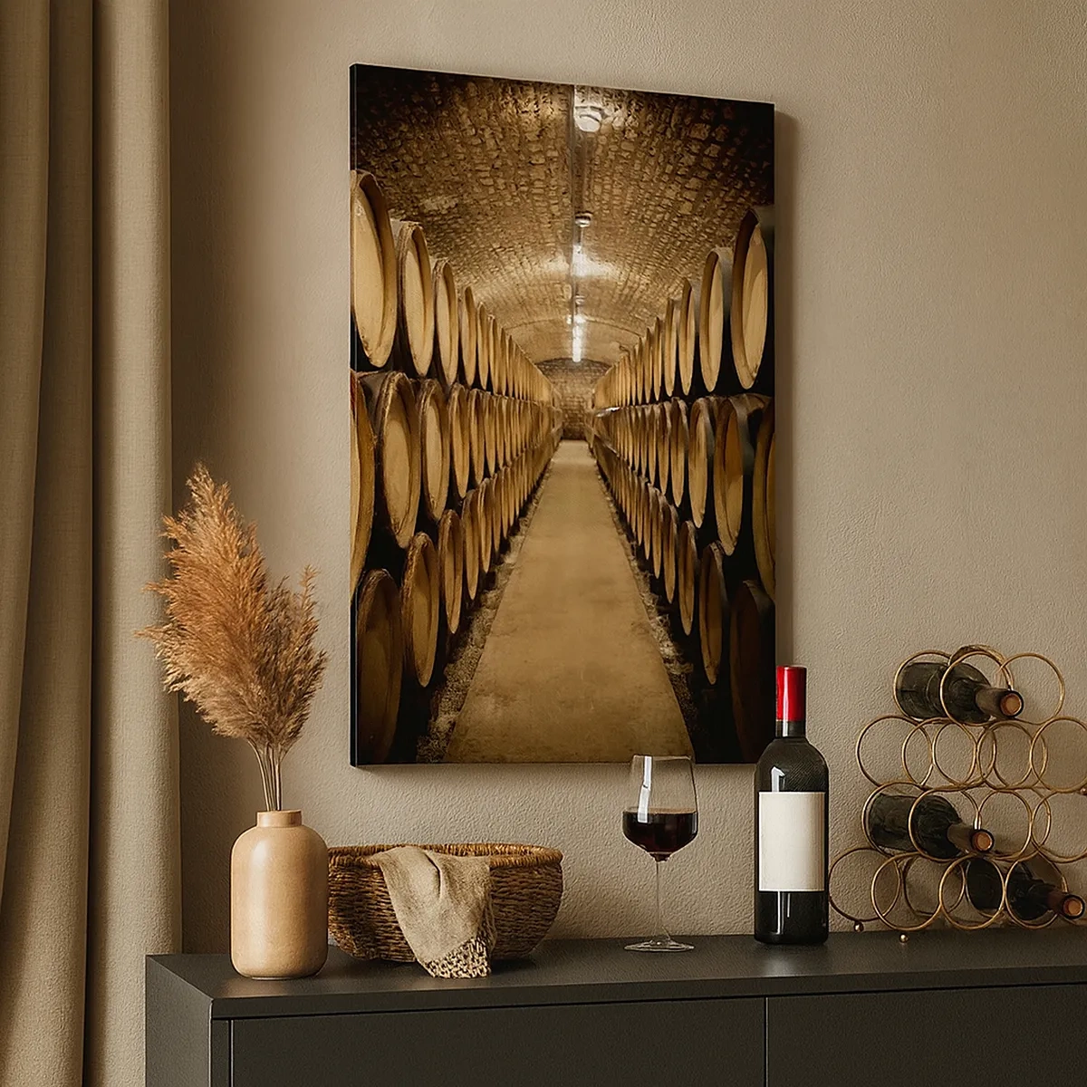 Obraz na płótnie - Piwnica z beczkami wina ustawionymi w rzędach pod ceglanym sklepieniem - 50x70cm - W murowanej piwnicy - Nowoczesna dekoracja ścienna do salonu, kuchni i sypialni ARTTOR